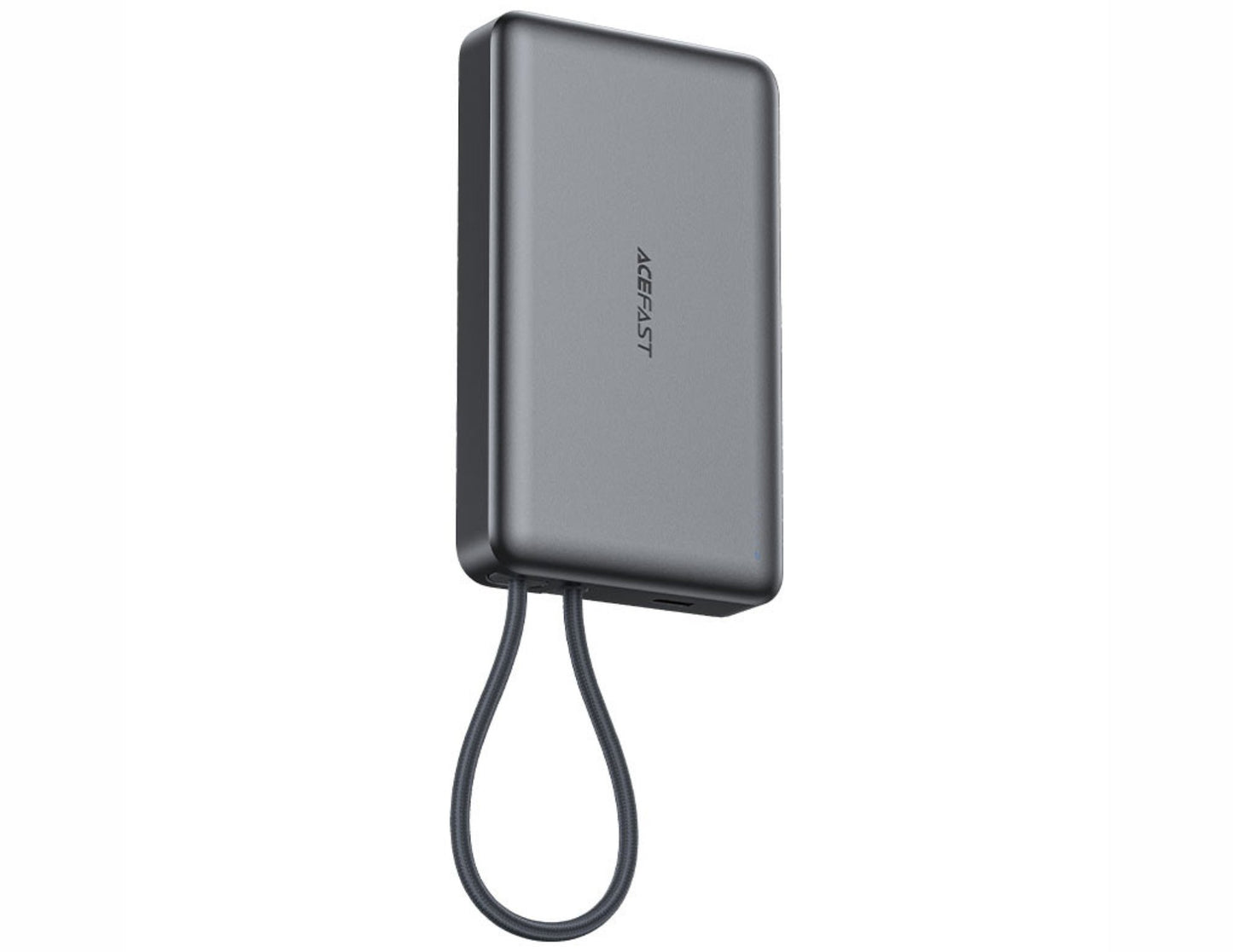 Black power bank with a cable on a white background