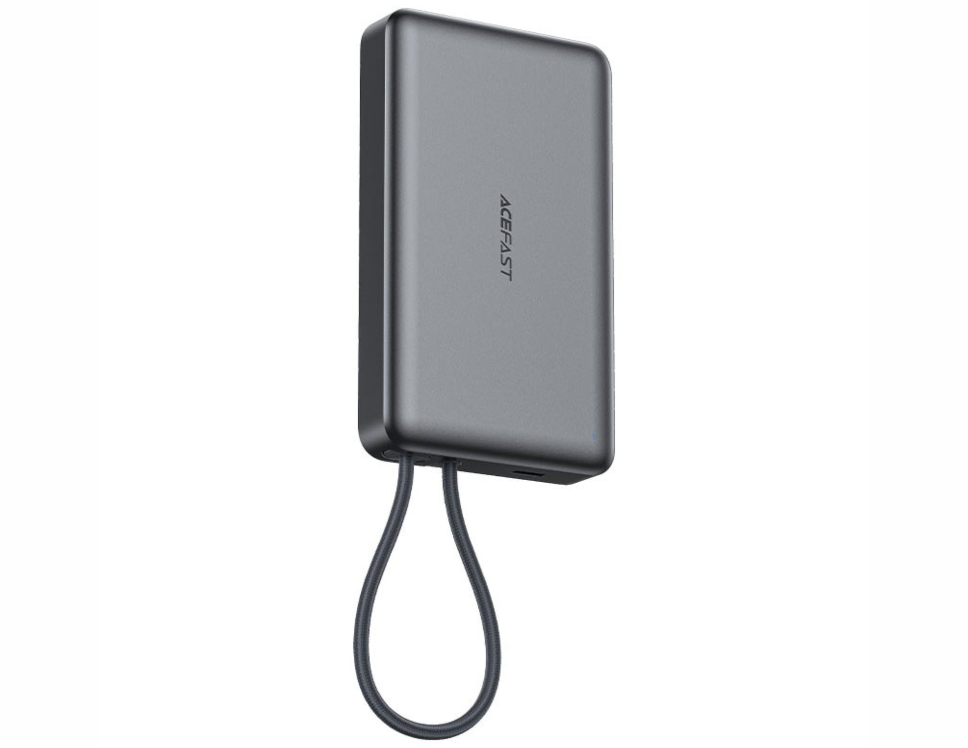Black power bank with a cable on a white background