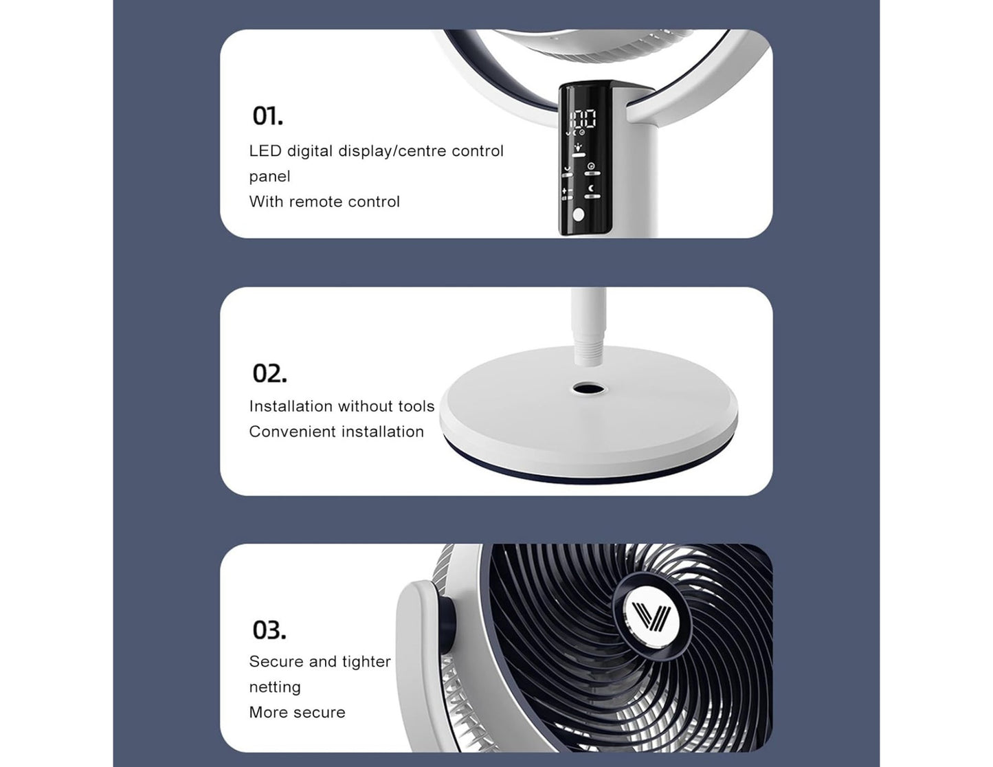 Product features of a fan with LED digital display, remote control, installation without tools, and secure netting.