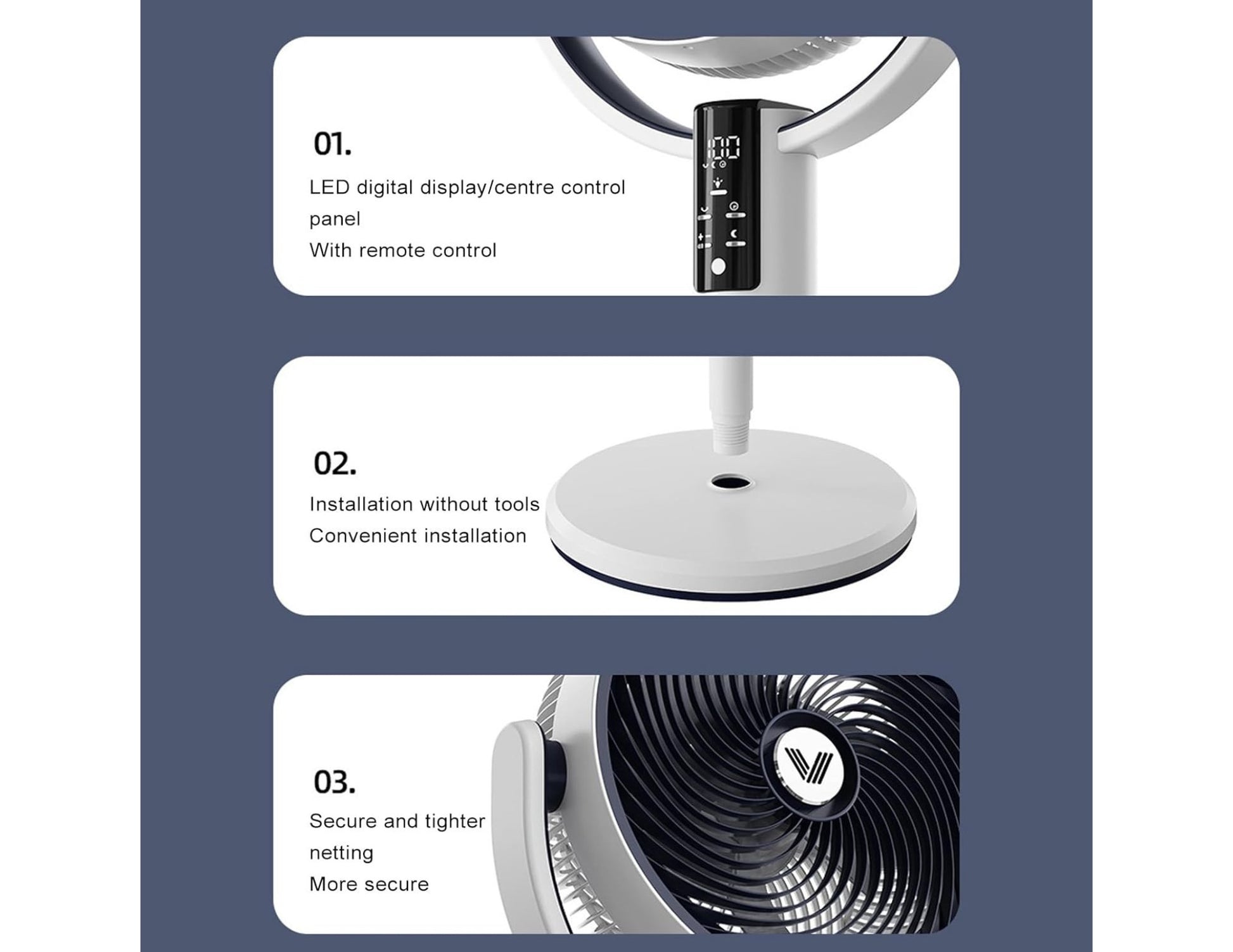 Product features of a fan with LED digital display, remote control, installation without tools, and secure netting.