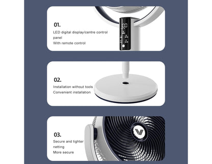 Product features of a fan with LED digital display, remote control, installation without tools, and secure netting.