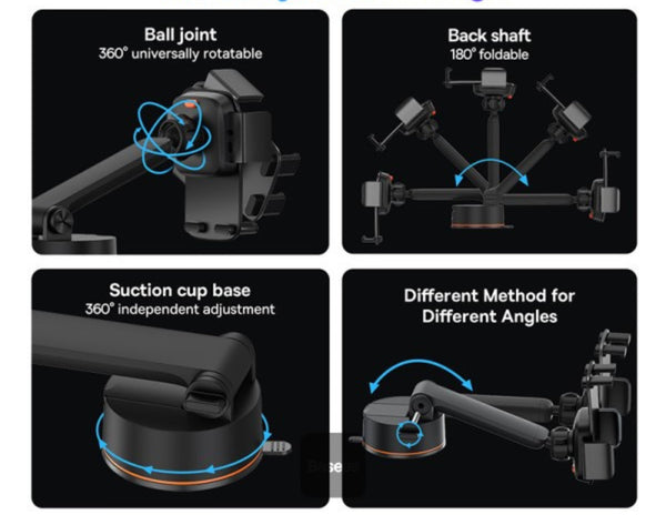 Illustrations of a flexible arm with ball joint, back shaft, suction cup base, and adjustable methods on a black background.