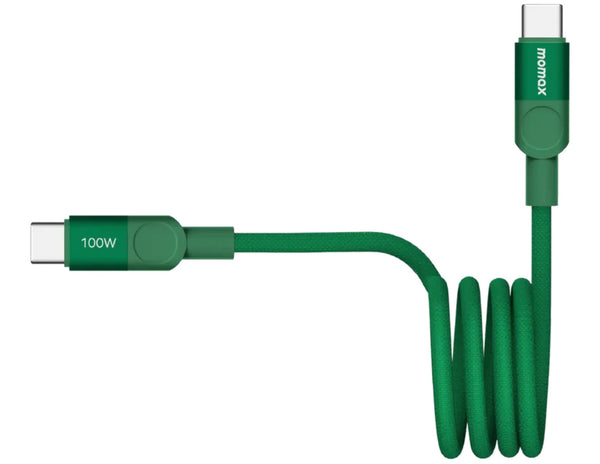 Green USB-C cable with a coiled design on a white background