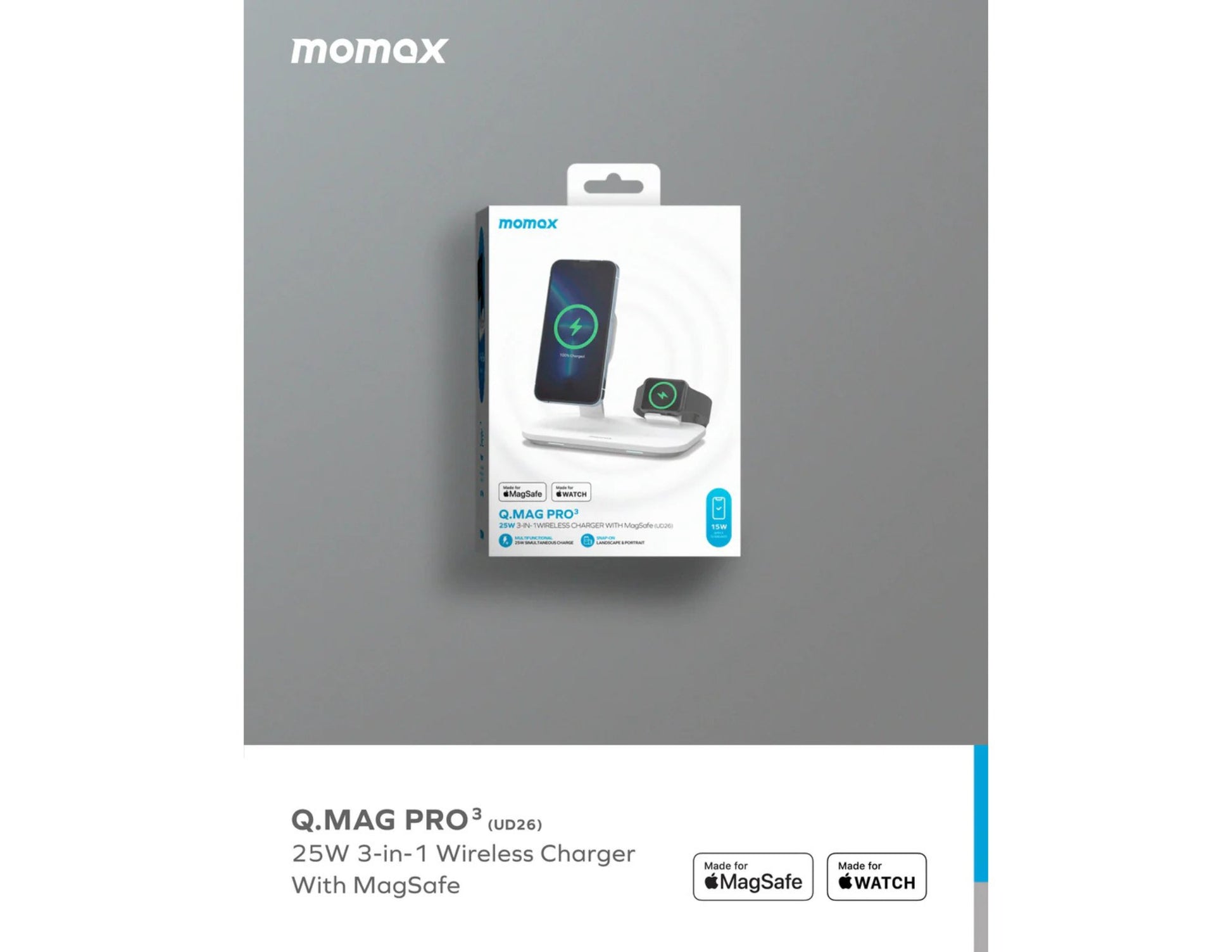 Momax Q.MAG PRO 3-in-1 wireless charger packaging on a gray background