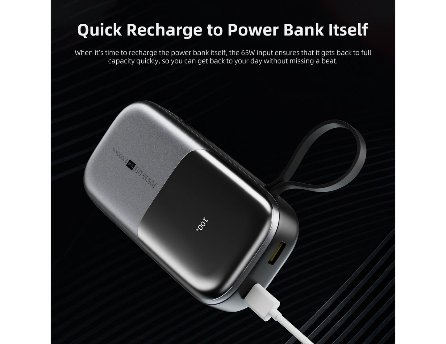 Vyvylabs Power Lite Digital Display Power Bank 20000mAh 65W with C+L Fast Charging Cable – VBQ08-TN on a black background