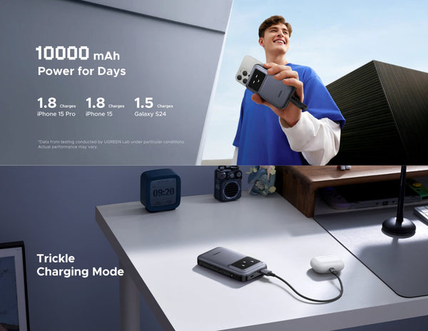 بطارية متنقلة  يوجرين أونو 10000 مللي أمبير/ساعة 30 واط مع كابل USB-C مدمج - PB511