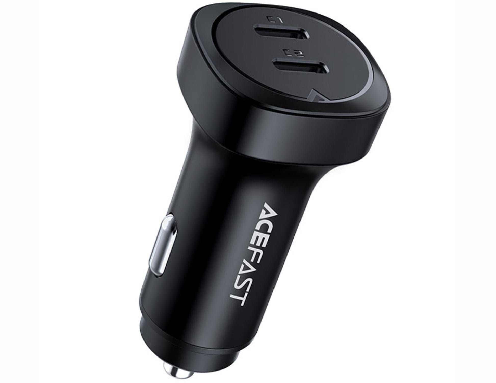 Black car charger with dual USB ports on a white background, featuring the brand 'Acefast'.