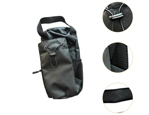 Black pouch with drawstring and close-up details on a white background
