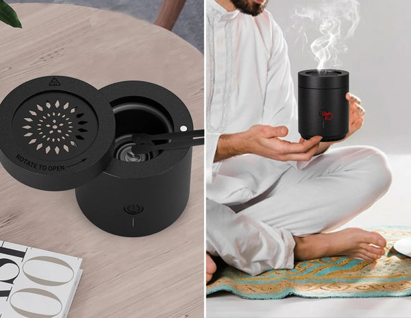 Wizard Smart Embers Incense Burner EB-30 on a wooden surface, and a person holding it outdoors.
