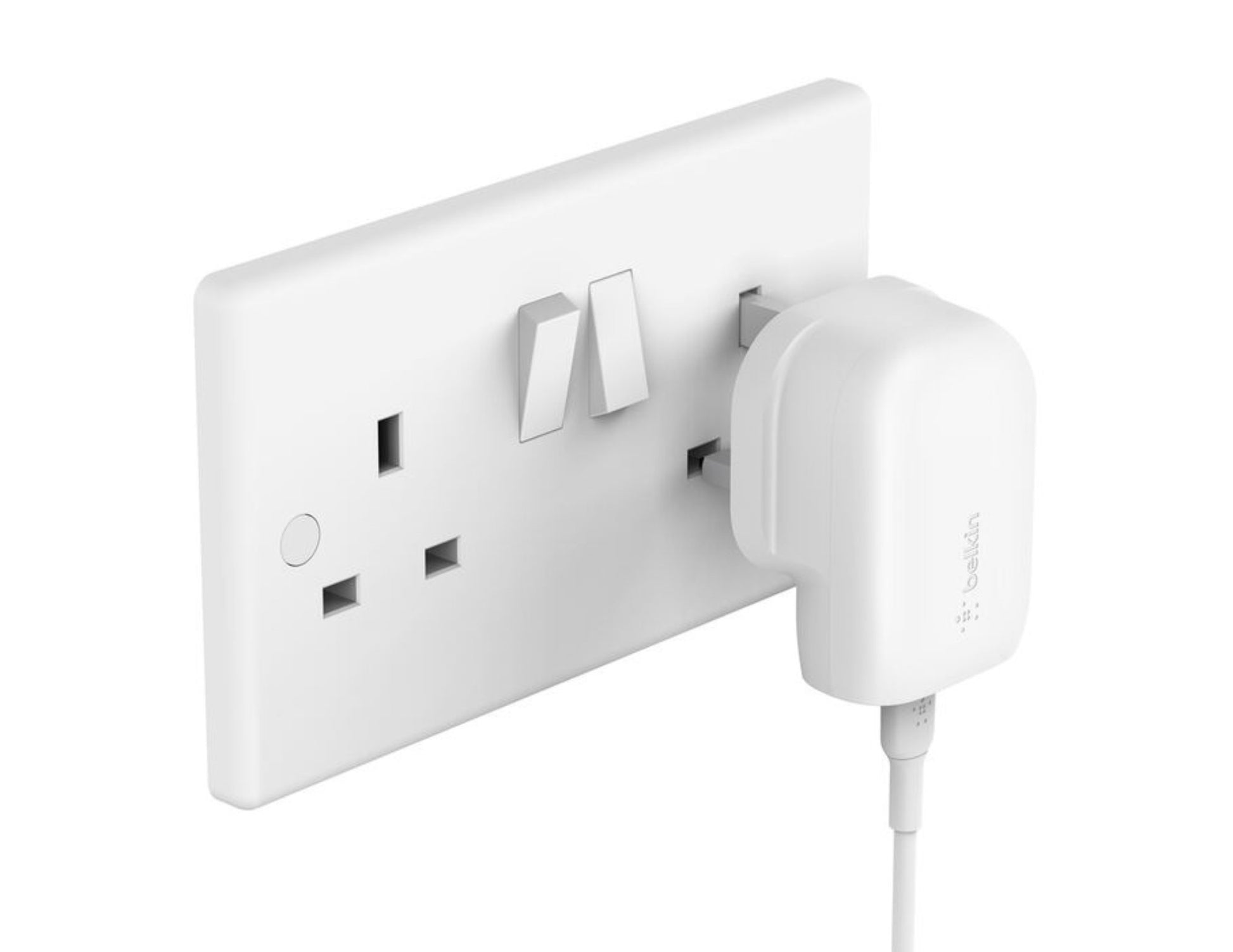 White wall socket with a Belkin BoostCharge Wall Charger 30W PPS + USB-C to USB-C Cable 1m – WCA005my1MWH-B6 attached on a white background