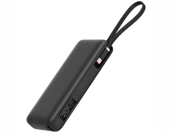 Black portable charger with a strap on a white background