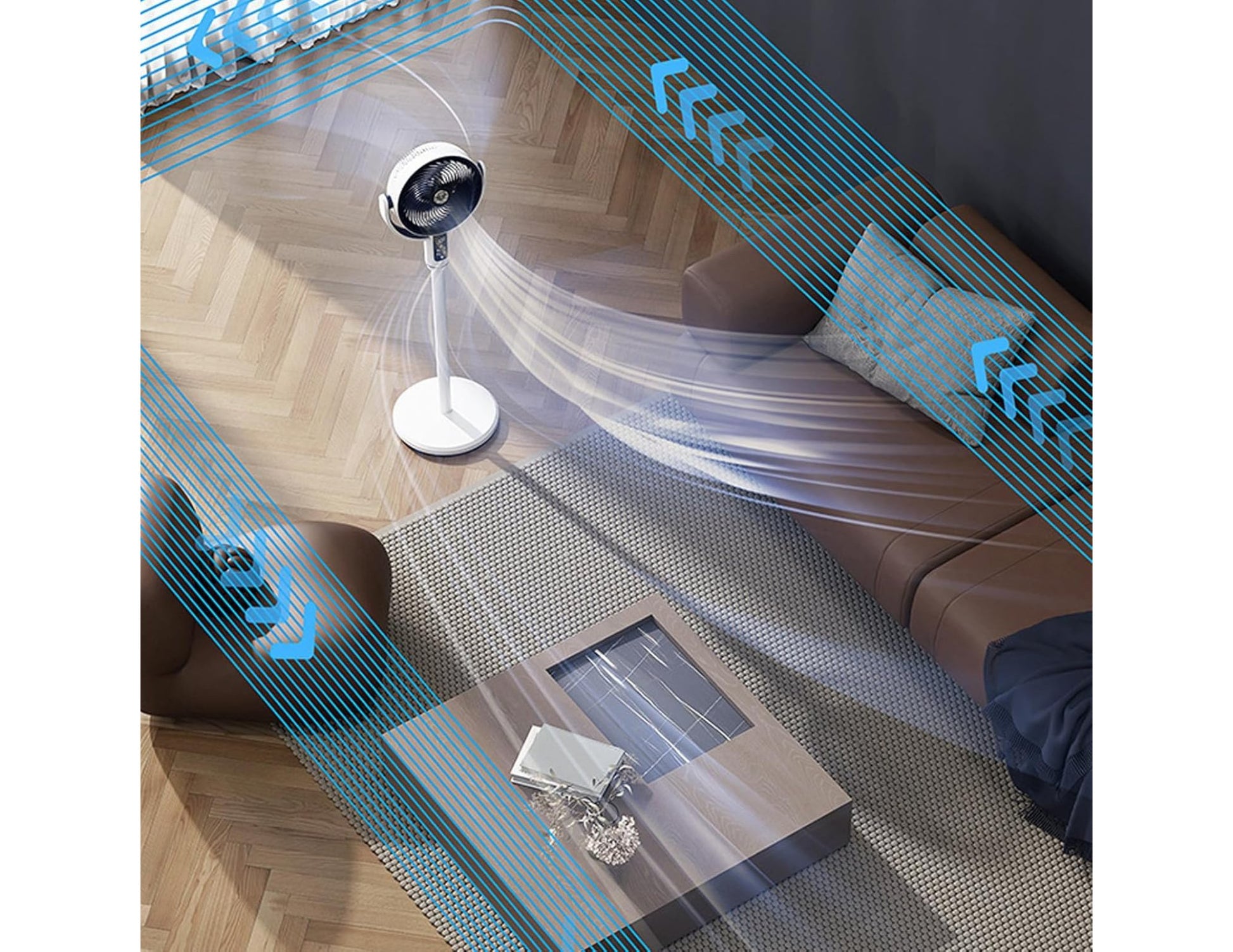 Ceiling fan in a room with a modern interior design.