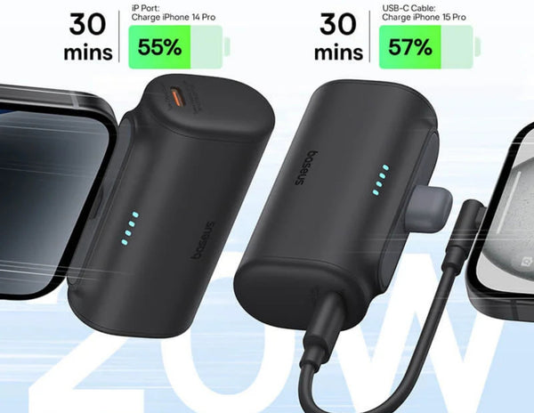 Black portable charger with charging cables and phone cases on a light blue background