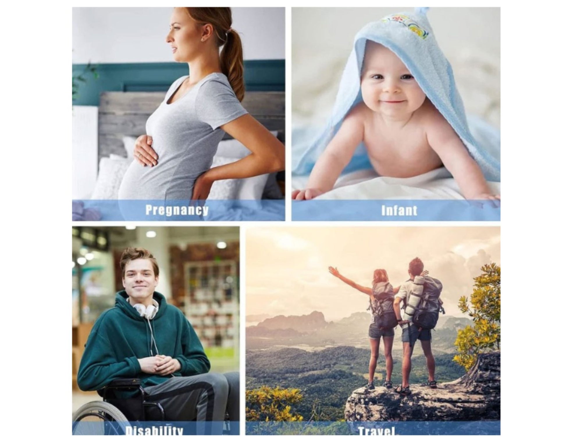 Collage of four images labeled 'Pregnancy', 'Infant', 'Disability', and 'Travel' with corresponding scenes.