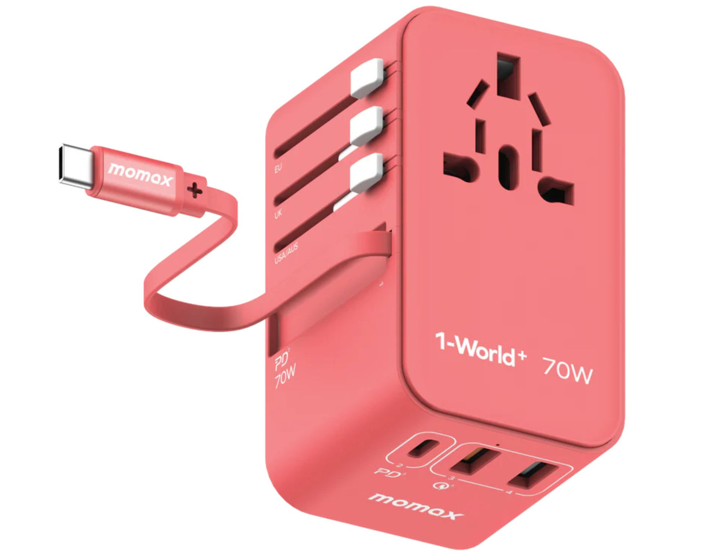 Red Momax 1‑World+ 70W GaN 3‑Port Travel Adapter with Retractable USB‑C Cable – UA18 on a white background
