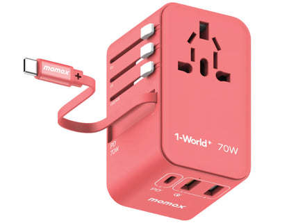 Red Momax 1‑World+ 70W GaN 3‑Port Travel Adapter with Retractable USB‑C Cable – UA18 on a white background