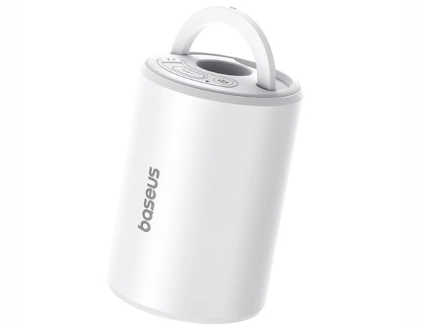White cylindrical product with handle and 'baseus' branding on a white background