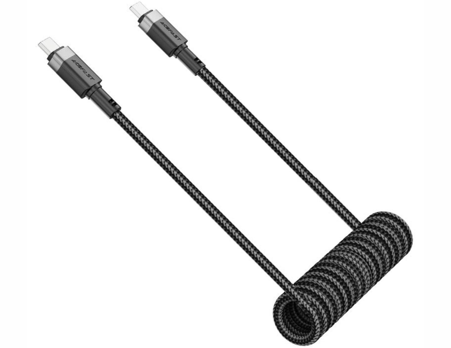 Coiled black cable with connectors on a white background