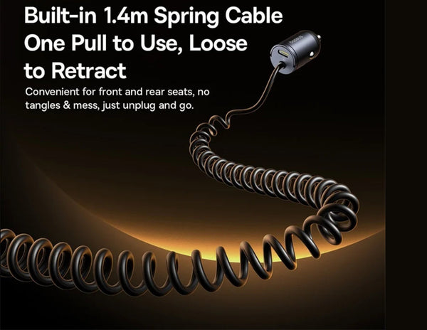 Coiled spring cable with text on a dark background