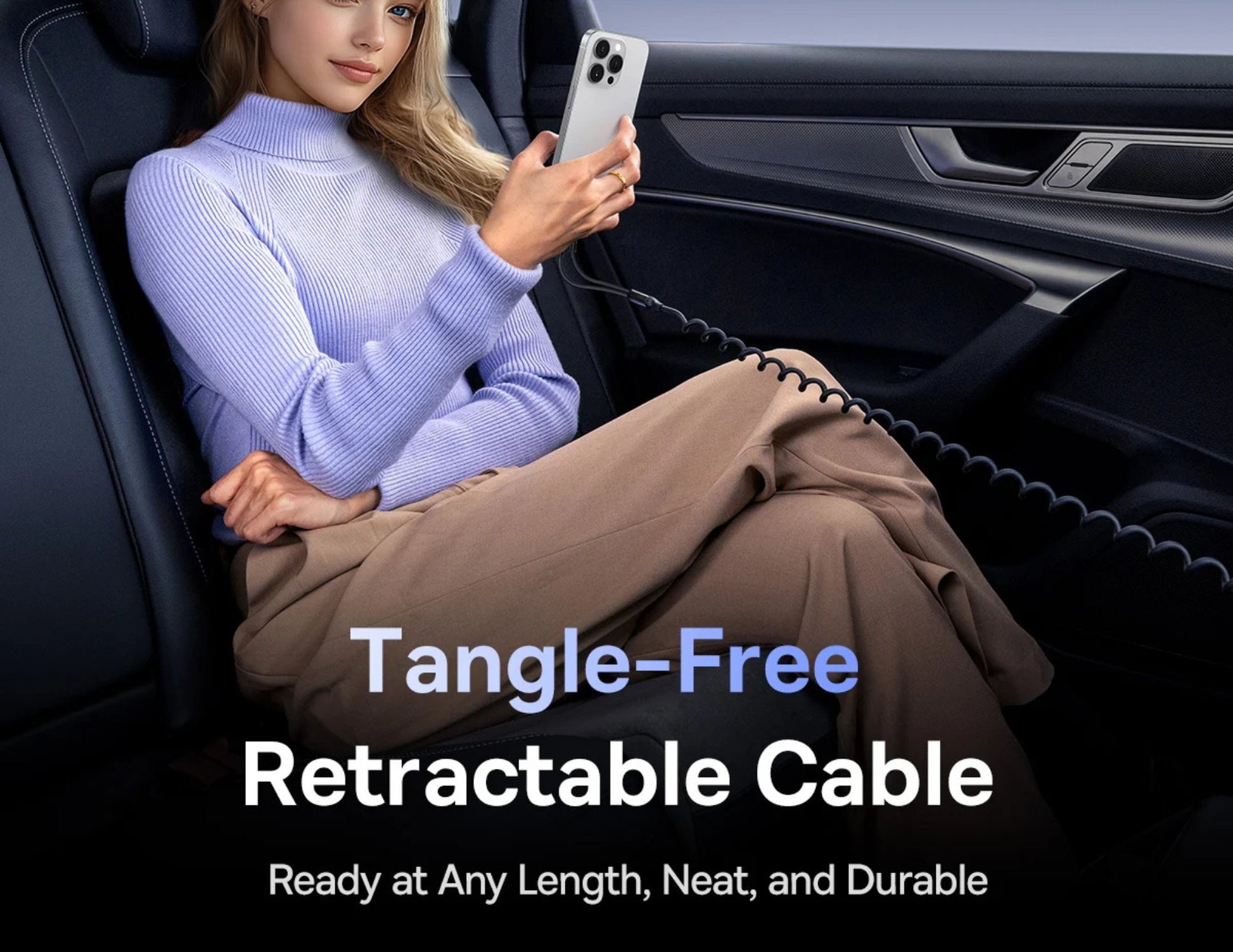Woman sitting in a car using a tangle-free retractable cable, with text highlighting its features.