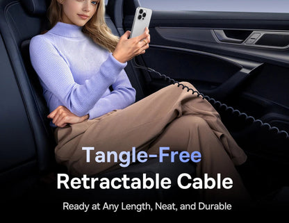 Woman sitting in a car using a tangle-free retractable cable, with text highlighting its features.