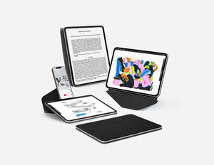 Multi-device setup with tablet, smartphone, and Moft Dynamic Folio Case for iPad Mini (6–7th Gen) on a white background
