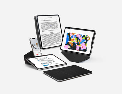 Multi-device setup with tablet, smartphone, and Moft Dynamic Folio Case for iPad Mini (6–7th Gen) on a white background