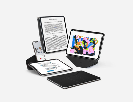 Multi-device setup with tablet, smartphone, and Moft Dynamic Folio Case for iPad Mini (6–7th Gen) on a white background