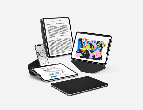 Multi-device setup with tablet, smartphone, and Moft Dynamic Folio Case for iPad Mini (6–7th Gen) on a white background