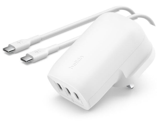 A white Belkin BoostCharge 3-Port USB-C Wall Charger with a PPS 67W output, including a USB-C to USB-C cable.