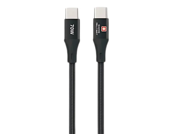 Black USB-C cable with connectors on a white background