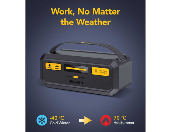 Remson Re‑Boost Mate Built‑in Super Capacitor Emergency Jump Starter – JS009 with yellow accents on a dark background, featuring text 'Work, No Matter the Weather'.