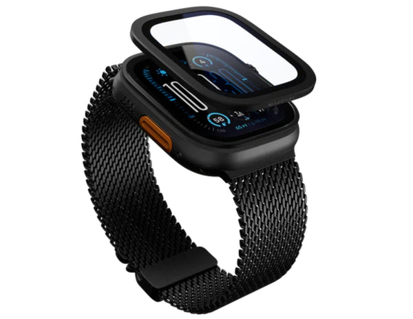 Smartwatch with black mesh band on a white background