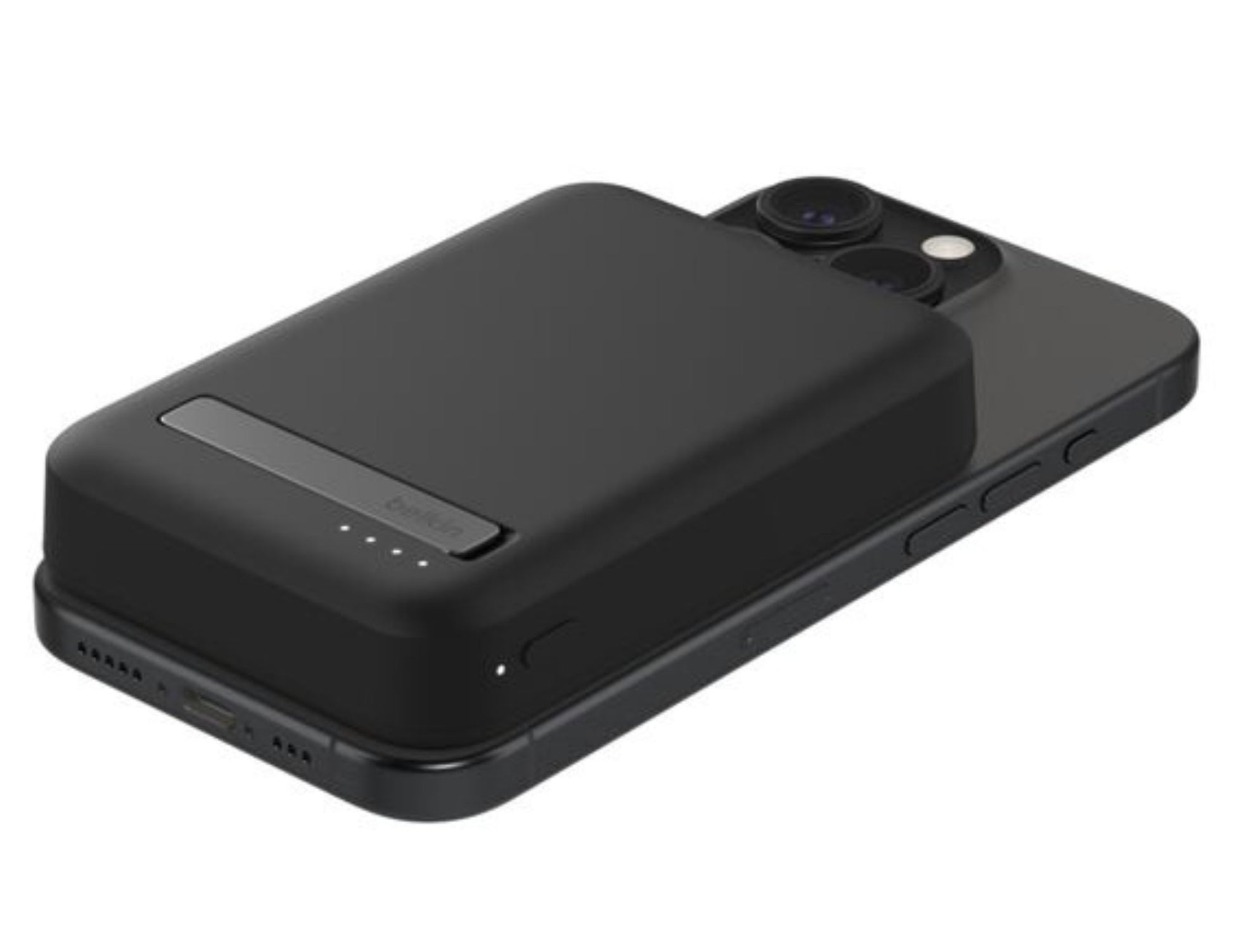 Belkin BoostCharge Pro Magnetic Wireless Power Bank 15W 8K+ BPD007btBK attached to a smartphone on a white background