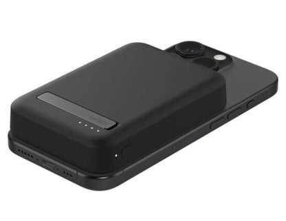 Belkin BoostCharge Pro Magnetic Wireless Power Bank 15W 8K+ BPD007btBK attached to a smartphone on a white background