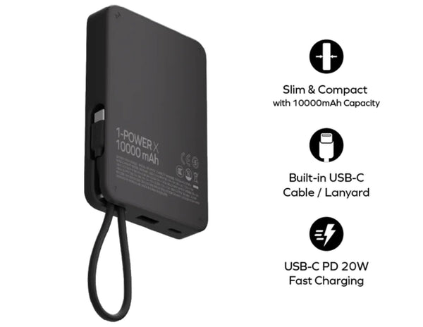 Momax 1-Power X 10000mAh Power Bank with Built-in USB-C Cable – IP152D, IP152W