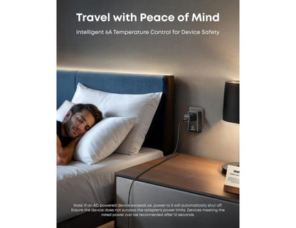 Advertisement for a Anker Nano 5-in-1 20W Travel Adapter A9215311 with temperature control feature, showing a person in bed.