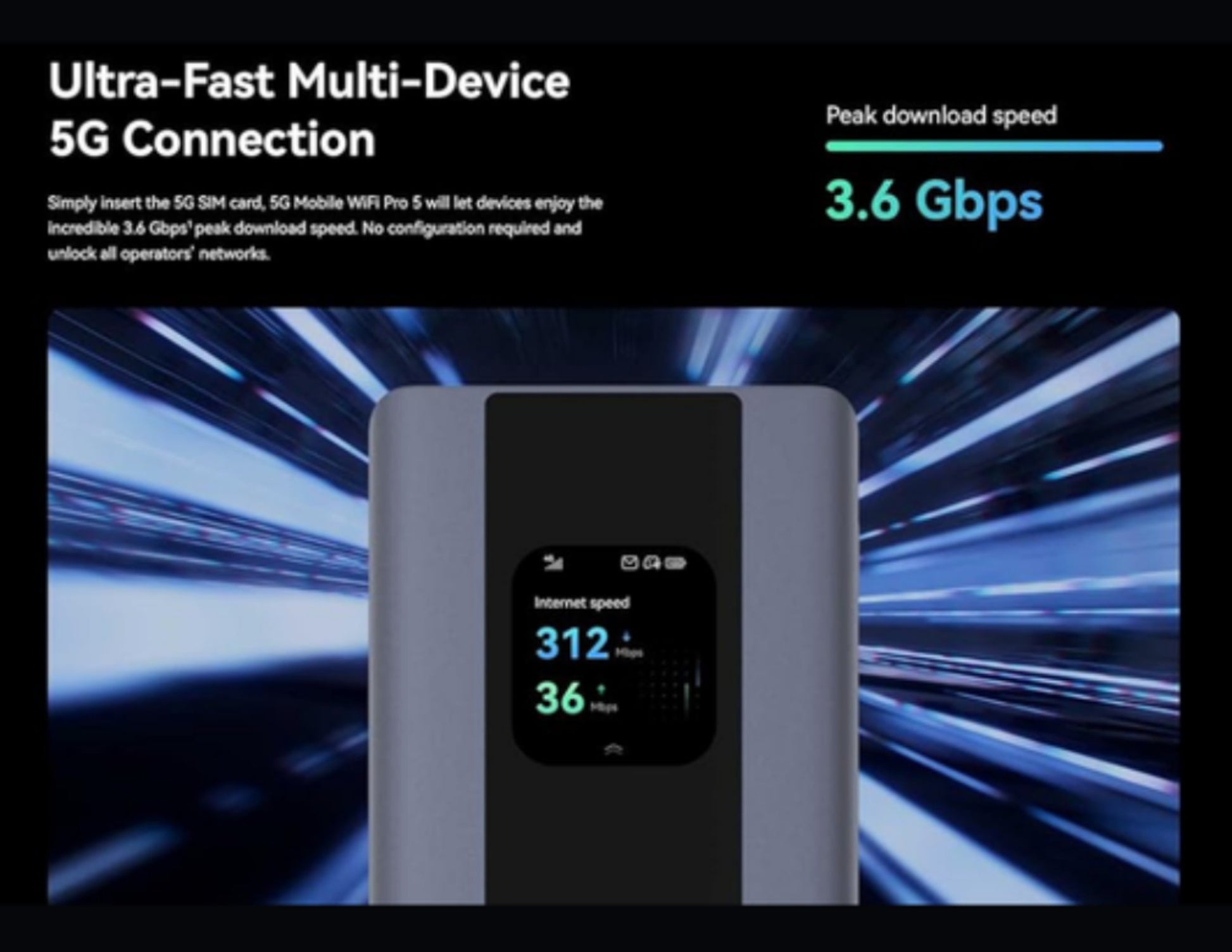 5G device with speed display against a dynamic blue background