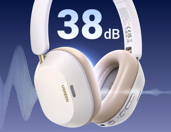 White and beige headphones with UGREEN branding on a blue background, featuring a sound wave graphic and '38 dB' text.
