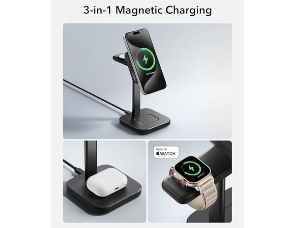 3-in-1 magnetic charging stand with smartphone, wireless earbuds, and smartwatch on a light gray background.