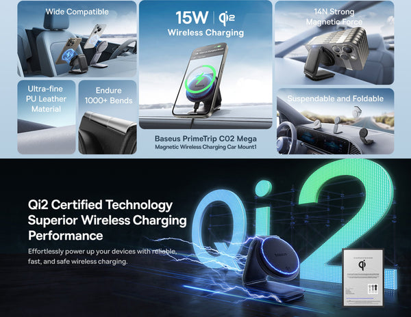 Baseus PrimeTrip CO2 Mega magnetic wireless charging car mount with features highlighted on a blue background.