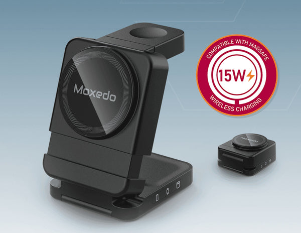 Maxedo wireless charging device with a compatibility badge on a gradient background