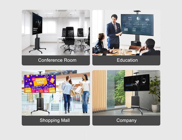 Collage of a TV in different settings including conference room, education, shopping mall, and company.