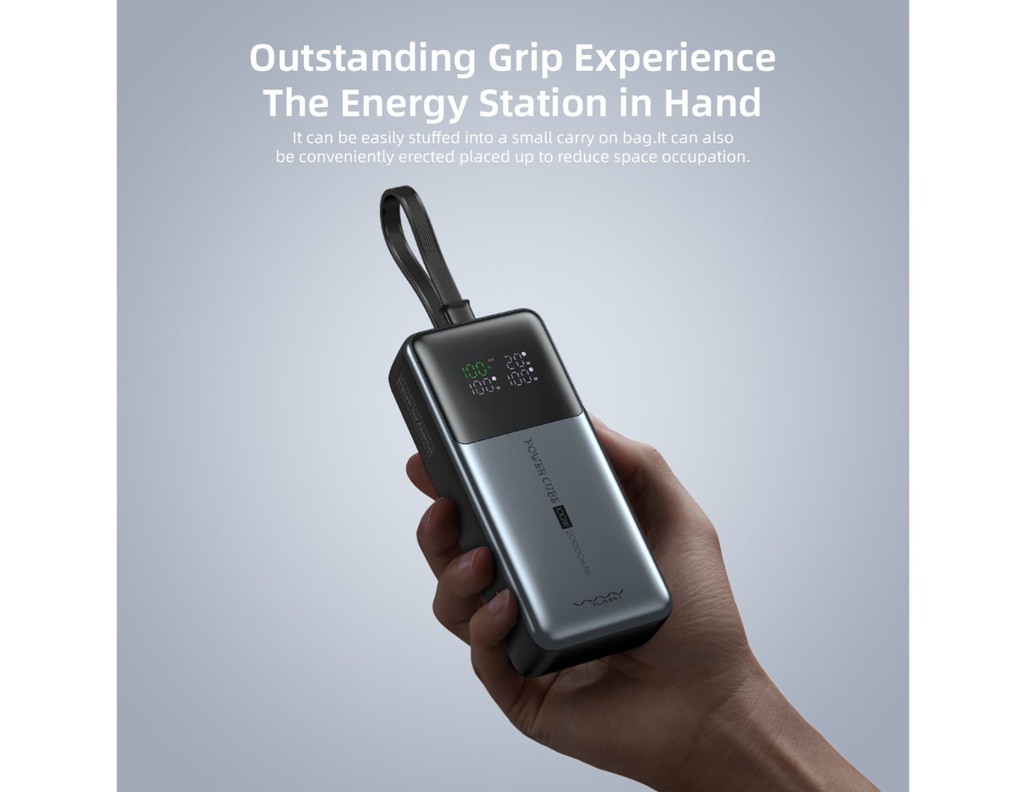 Hand holding a Vyvylabs Power Cube Pro Digital Display Power Bank 20000mAh 100W with Type-C Fast Charging Cable – VBQ10-TN with text about its grip experience and portability.
