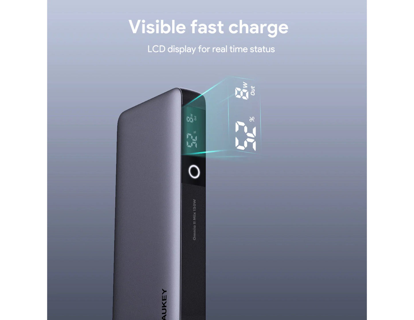 Aukey PB-Y43P Sprint X 130W PD 20K mAh Fast Charging Power Bank with digital display on a gray background