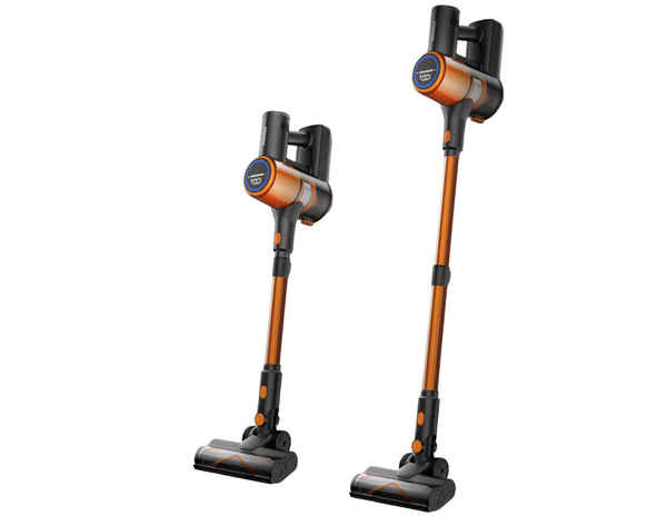 Two orange and black vacuum cleaners on a white background