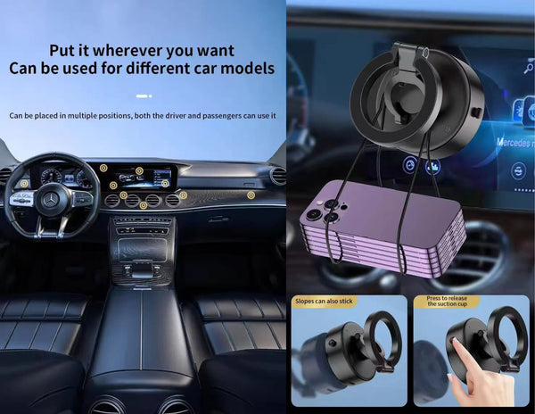 Car air freshener with holder placed in a car dashboard, showing usage instructions.