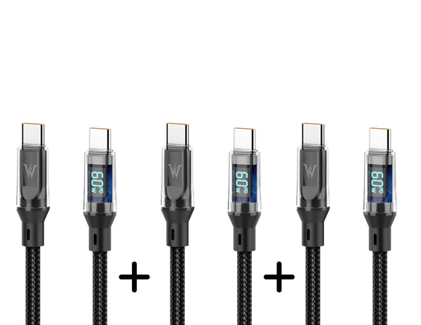 Set of six USB Type-C cables with digital displays on a white background