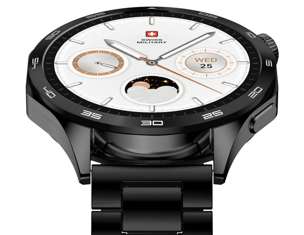 Black Swiss Military watch with a detailed face on a white background