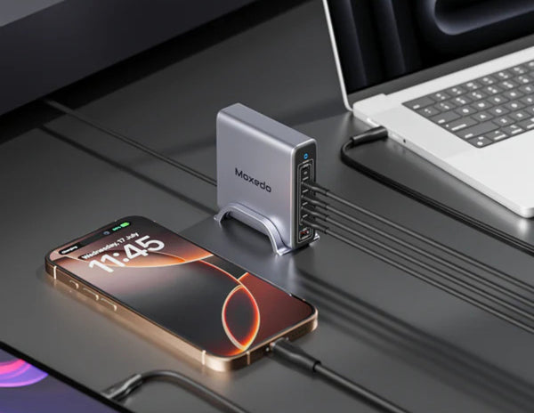 Maxedo external desktop charger connected to a smartphone on a desk with a laptop in the background